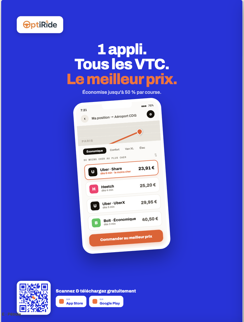 Affiche OptiRide — 1 appli, tous les VTC, le meilleur prix
